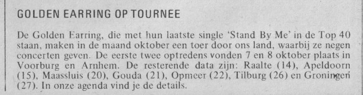 Golden Earring October 1972 Netherlands tour info Muziekkrant Oor #20, October 11, 1972